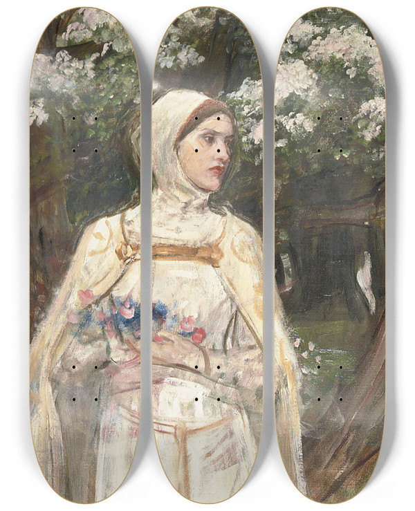 Triptych art skateboard deck of John William Waterhouse Matilda by John William Waterhouse (1849-1917)