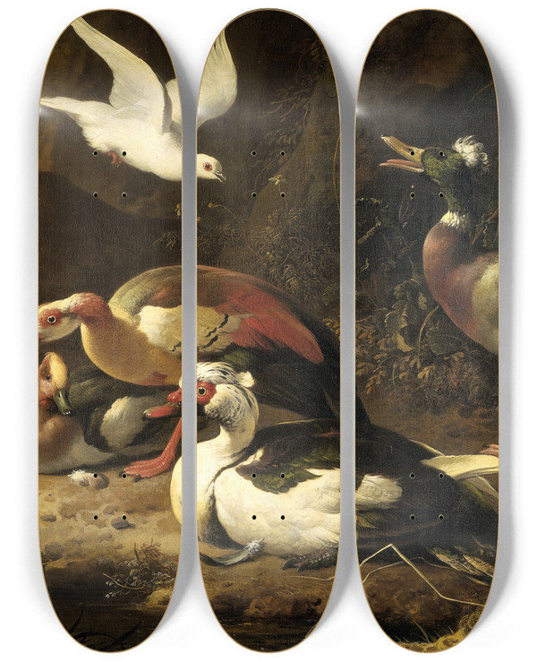 Triptych art skateboard deck of Melchior Dhondecoeter Ducks by Melchior d'Hondecoeter (1636-1695)