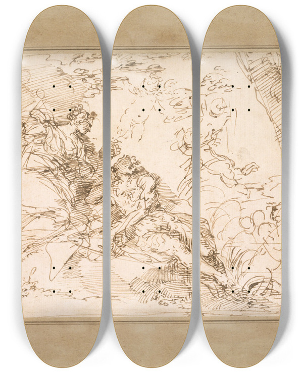 Triptych art skateboard deck of Donato Creti Rinaldo And Armida by Donato Creti (1671-1749)