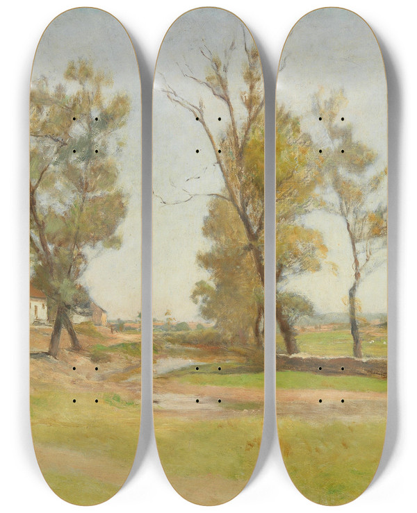 Triptych art skateboard deck of Franz Rumpler Wiese Vor Einem Dorf by Franz Rumpler (1848-1922)