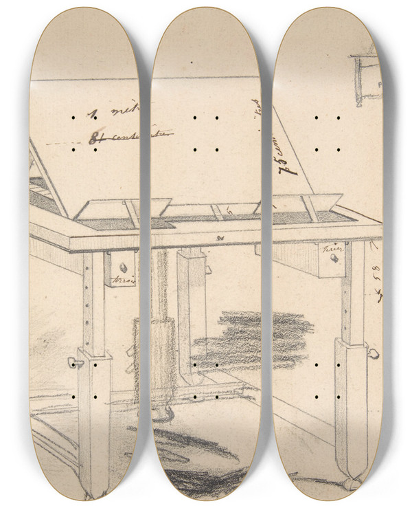 Triptych art skateboard deck of Flicien Rops Project For A Work Table by Felicien Rops (1833-1898)