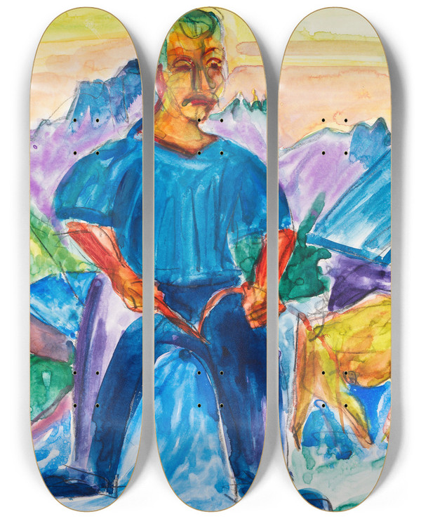 Triptych art skateboard deck of Ernst Ludwig Kirchner Kuh Und Treiber by Ernst Ludwig Kirchner (1880-1938)