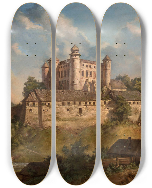 Triptych art skateboard deck of Andrzej Grabowski Castle In Winicz by Andrzej Grabowski (1833-1886)