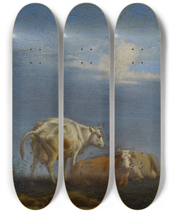 Triptych art skateboard deck of Adriaen Van De Velde Cows On Pasture by Adriaen van de Velde (1636-1672)