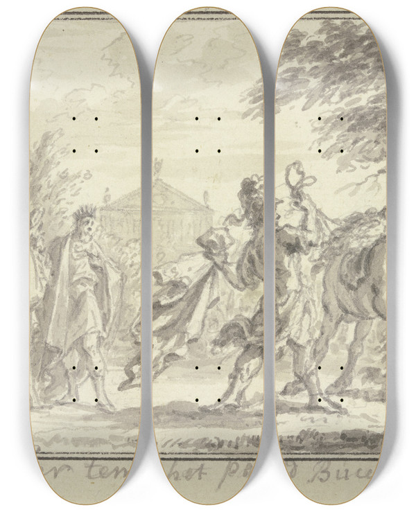Triptych art skateboard deck of Simon Fokke Alexander Zhmt Bukephalos by Simon Fokke (1712-1784)