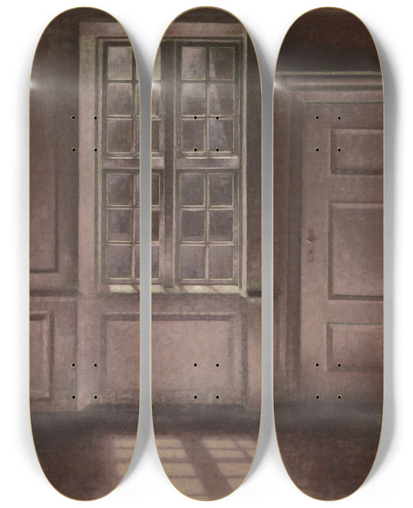 Triptych art skateboard deck of Vilhelm Hammershi Moonlight Strandgade 30 by Vilhelm Hammershoi (1864-1916)