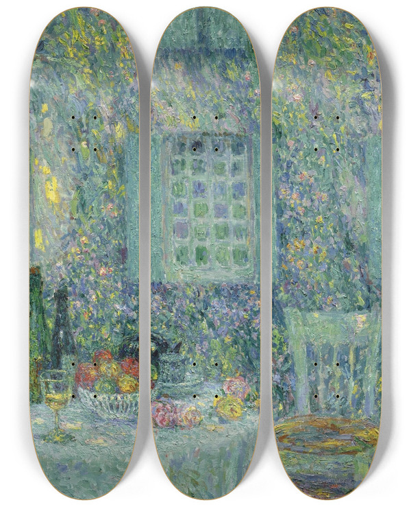 Triptych art skateboard deck of Henri Le Sidaner La Table Soleil Dans Les Feuilles Gerberoy by Henri Le Sidaner (1862-1939)