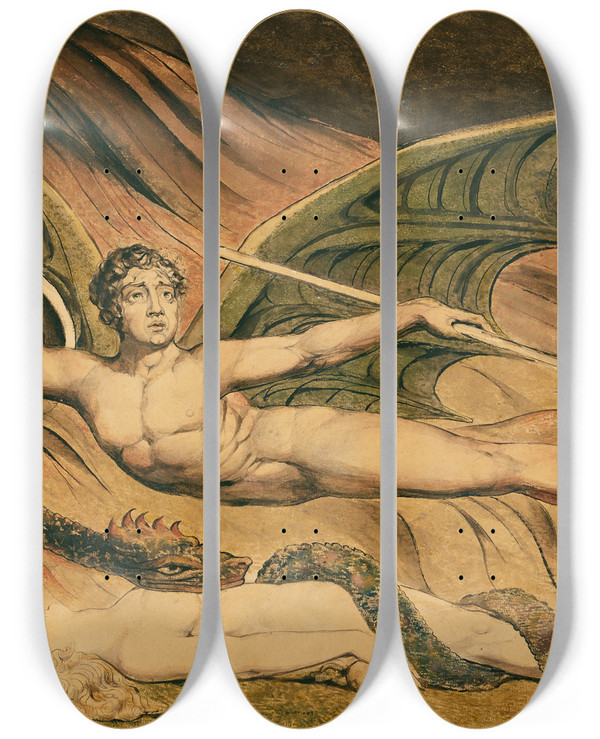 Triptych art skateboard deck of William Blake Satan Exulting Over Eve by William Blake (1757-1827)