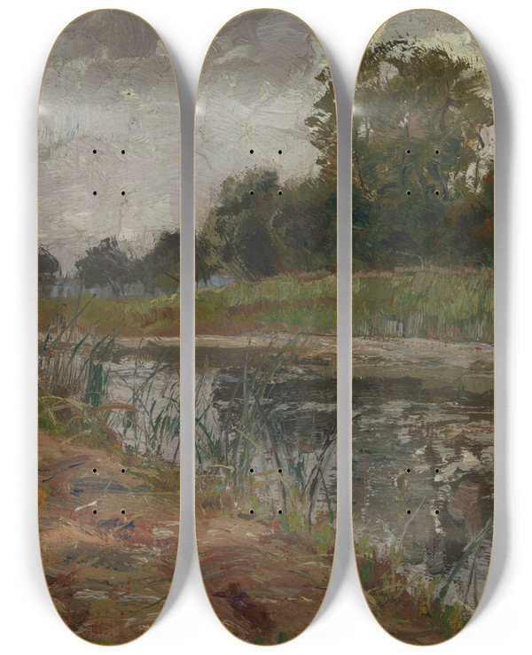 Triptych art skateboard deck of Wilhelm Nagel Flussufer by Wilhelm Nagel