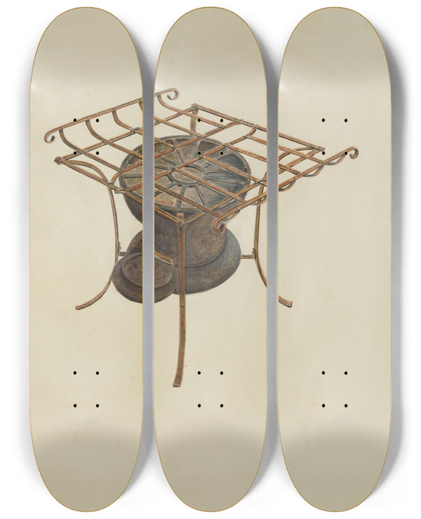 Triptych art skateboard deck of Al Curry Portable Cast Iron Cook Stove by Al Curry (20-)
