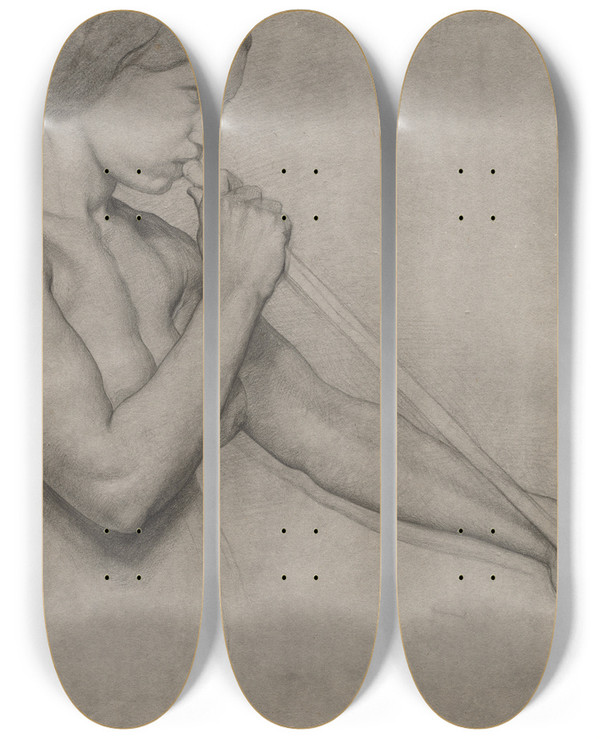 Triptych art skateboard deck of Edgar Degas Angel Blowing A Trumpet by Edgar Degas (1834-1917)