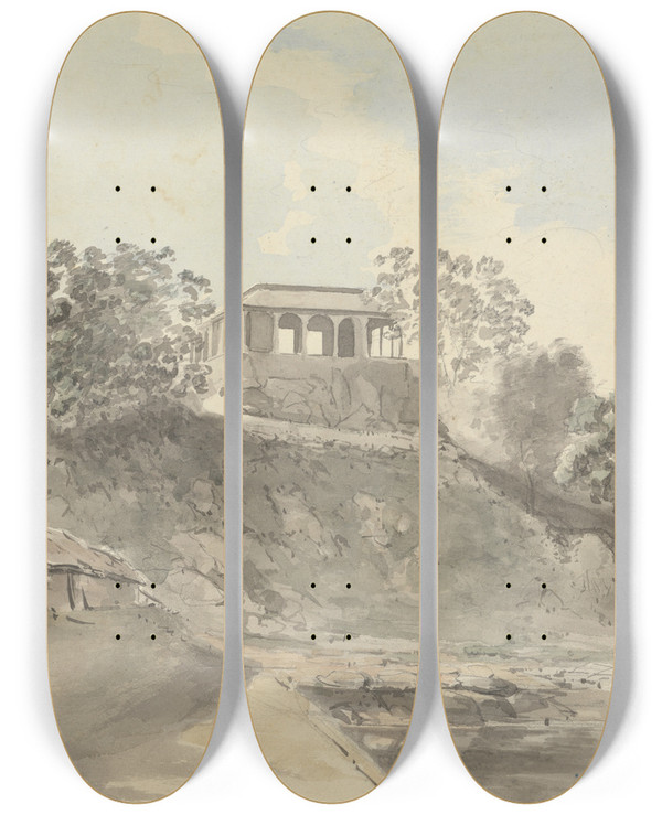 Triptych art skateboard deck of Samuel Davis River Scene With Buildings by Samuel Davis (1757-1819)