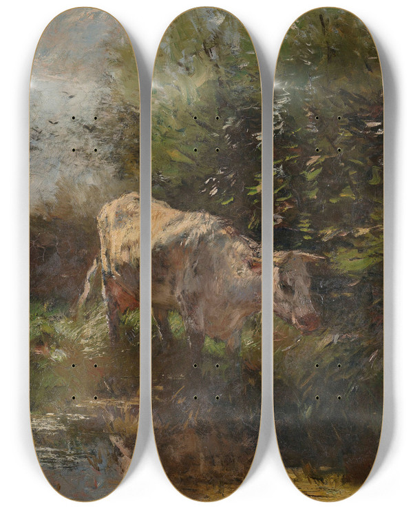 Triptych art skateboard deck of Willem Maris Meadow With Cows by Willem Maris (1844-1910)