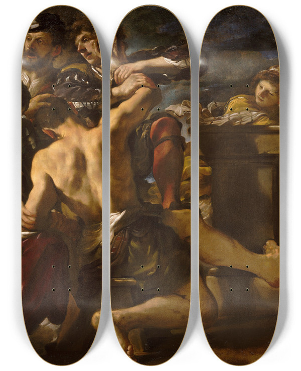 Triptych art skateboard deck of Guercino Samson Captured By The Philistines_1 by Guercino (1591-1666)