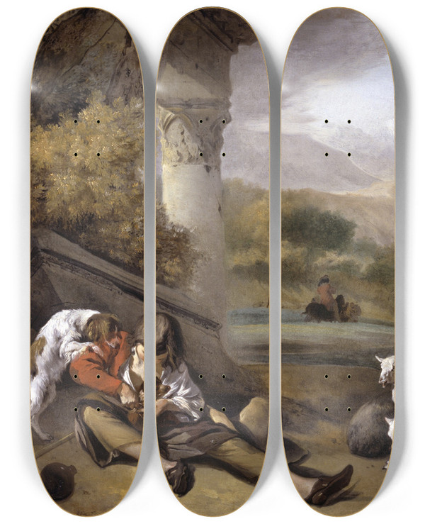 Triptych art skateboard deck of Jan Weenix Landscape With Shepherd Boy by Jan Weenix (1641-1719)