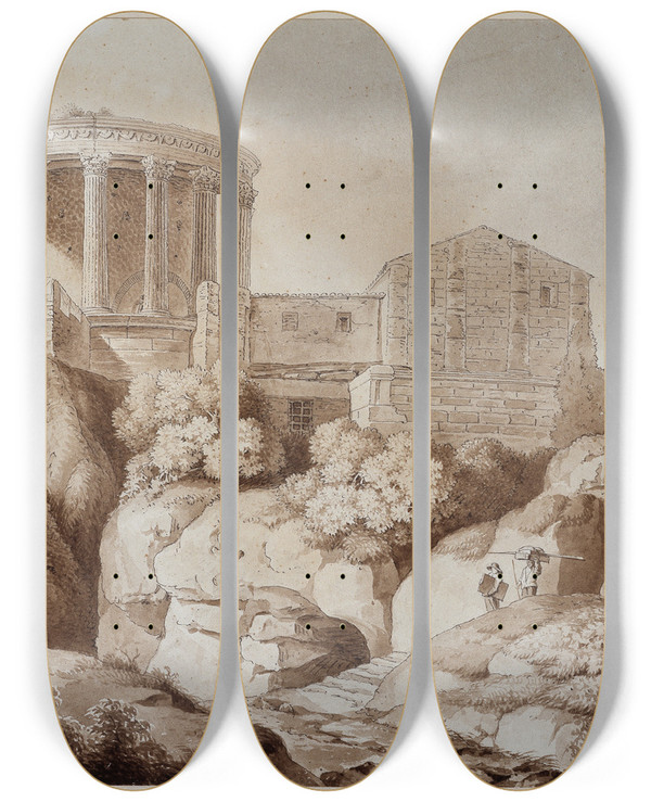 Triptych art skateboard deck of Friedrich Wilhelm Gmelin Der Sogenannte Sibyllentempel Zu Tivoli by Friedrich Wilhelm Gmelin