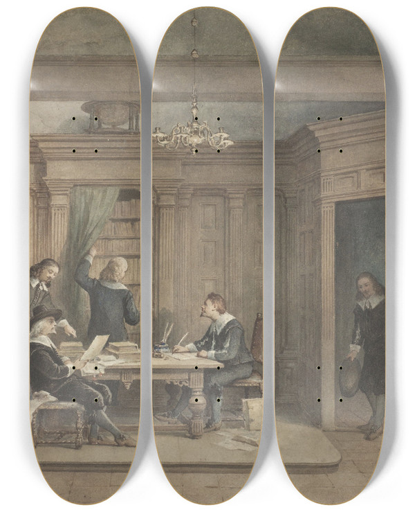 Triptych art skateboard deck of Jan Striening Vijf Mannen In Interieur by Jan Striening (1827-1903)