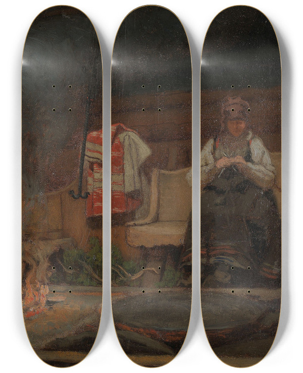 Triptych art skateboard deck of Olaf Isaachsen Farm Interior From Setesdal by Olaf Isaachsen (1835-1893)