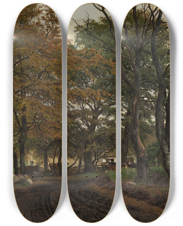 Triptych art skateboard deck of Viggo Pedersen En Opkrt Vej Under Gamle Trer by Viggo Pedersen (1854-1926)
