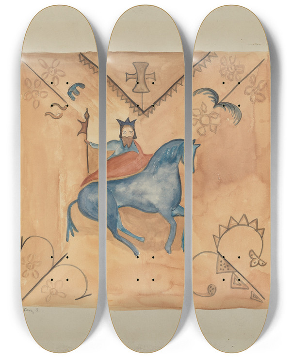 Triptych art skateboard deck of E Boyd St George Painted On Deerskin by E Boyd (20-)
