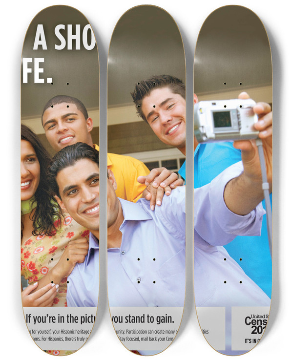 Triptych art skateboard deck of Bureau Of The Census Hispanic Targeted Poster by Bureau Of The Census (1902)