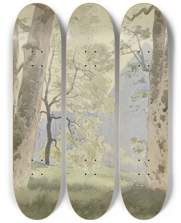 Triptych art skateboard deck of Hans Thoma Schwarzwaldlandschaft Blick Vom Waldesrande Auf Die Berge by Hans Thoma (1839-1924)