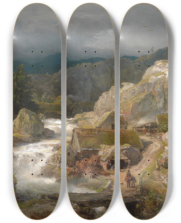 Triptych art skateboard deck of Andreas Achenbach Mhle Am Gebirgsbach by Andreas Achenbach (1815-1910)