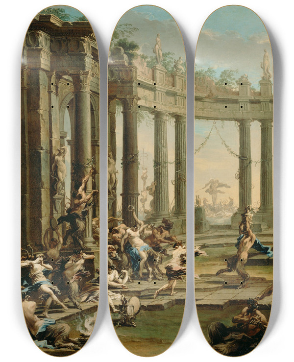Triptych art skateboard deck of Alessandro Magnasco Bacchanale by Alessandro Magnasco (1667-1749)