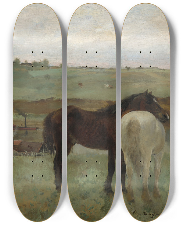Triptych art skateboard deck of Edgar Degas Horses In A Meadow by Edgar Degas (1834-1917)