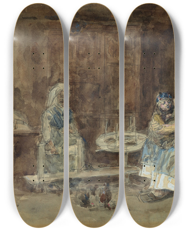 Triptych art skateboard deck of Eugne Boudin Intrieur Breton Maternit by Eugene Boudin (1824-1898)