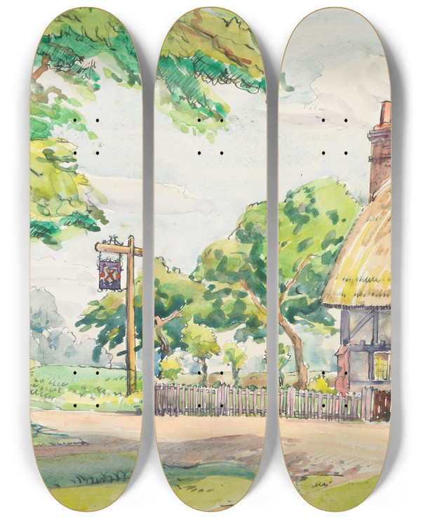 Triptych art skateboard deck of Roland Hipkins The Hamden Arms by Roland Hipkins (1894-1951)
