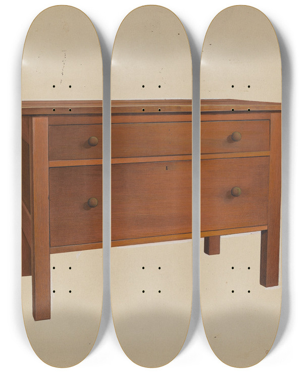 Triptych art skateboard deck of Orville A Carroll Shaker Table by Orville A Carroll