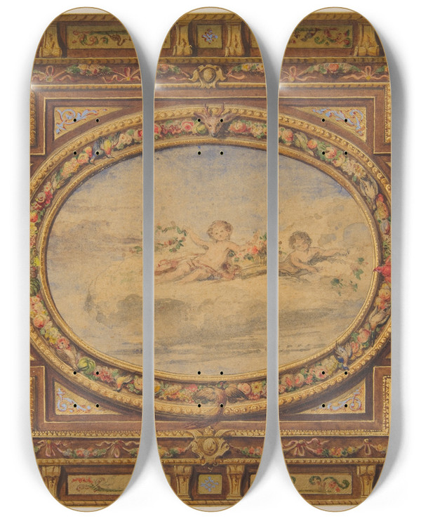 Triptych art skateboard deck of Julesedmondcharles Lachaise Design For A Painted Ceiling With Putti On Clouds In A Central Oval by Jules-Edmond-Charles Lachaise (1897)