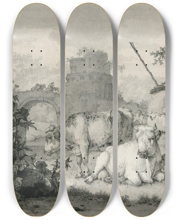 Triptych art skateboard deck of Barend Hendrik Thier Shepherd With Cattle In Front Of Ruins by Barend Hendrik Thier (1751-1814)