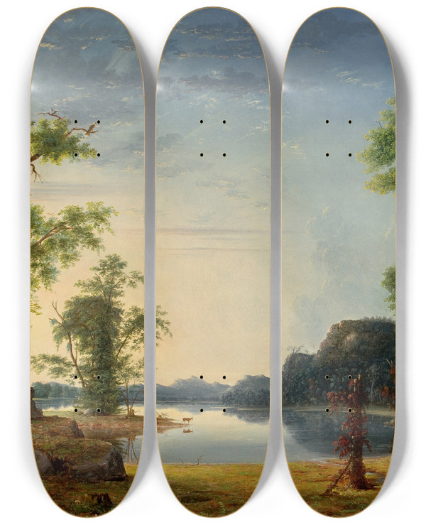Triptych art skateboard deck of Nelson Augustus Moore Sunday In The Forest by Nelson Augustus Moore (1824-1902)