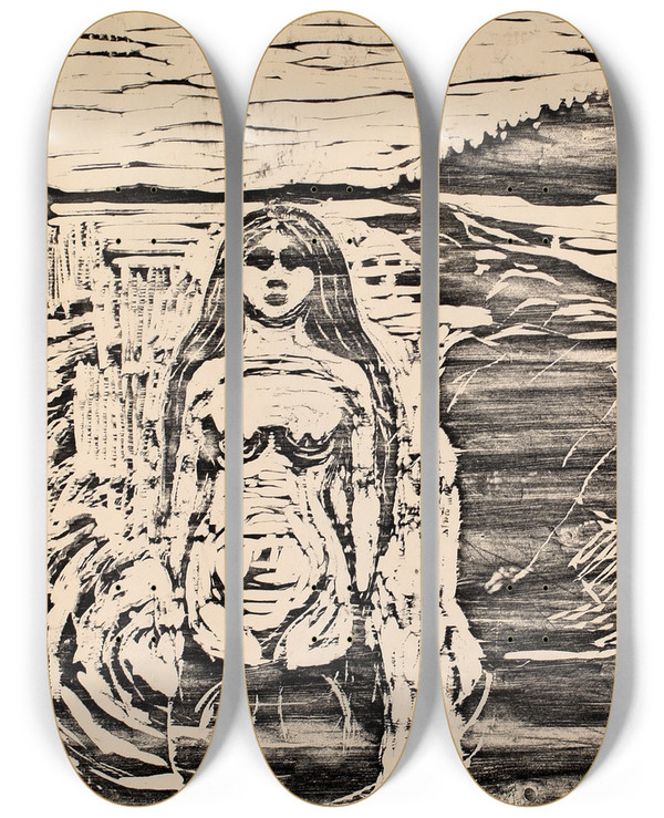 Triptych art skateboard deck of Edvard Munch Girl Bathing by Edvard Munch (1863-1944)