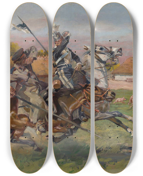 Triptych art skateboard deck of Wojciech Kossak Uhlan Fighting A Cossack by Wojciech Kossak (1857-1942)