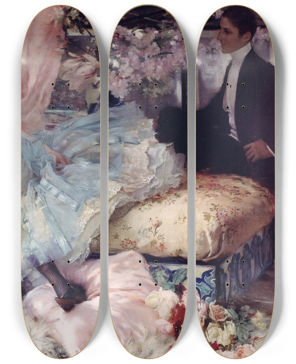 Triptych art skateboard deck of Henri Doucet After The Ball by Henri Doucet (1856-1895)
