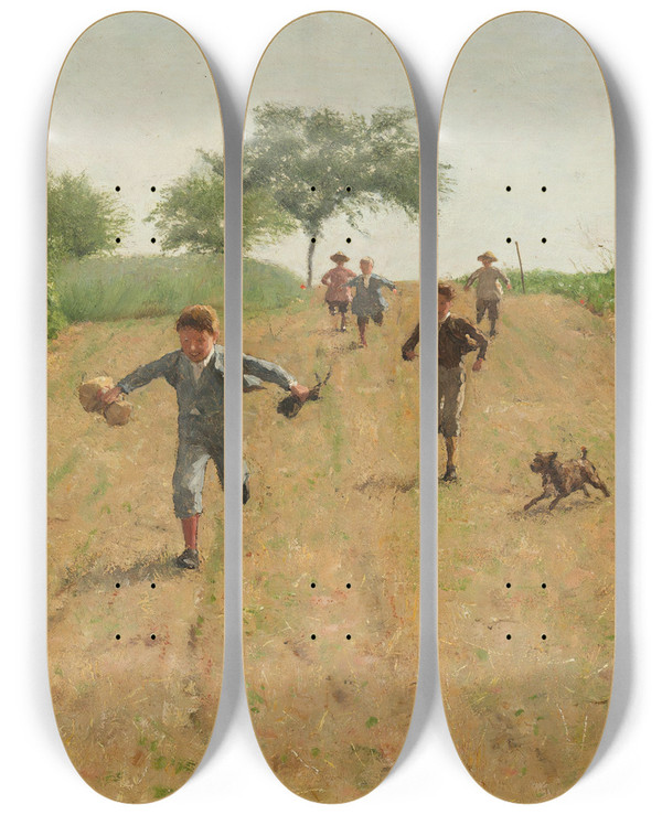 Triptych art skateboard deck of Erik Werenskiold Skylarking by Erik Werenskiold (1855-1938)