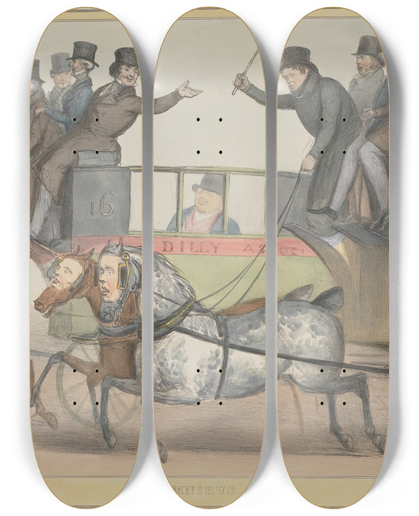Triptych art skateboard deck of John Doyle Omnibus Race by John Doyle (1939)