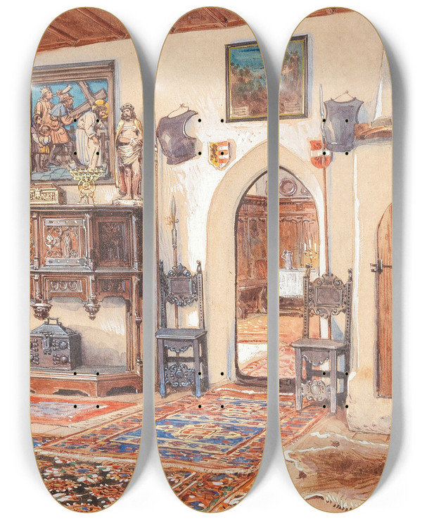 Triptych art skateboard deck of Franz Poledne Interieur by Franz Poledne (1873-1932)