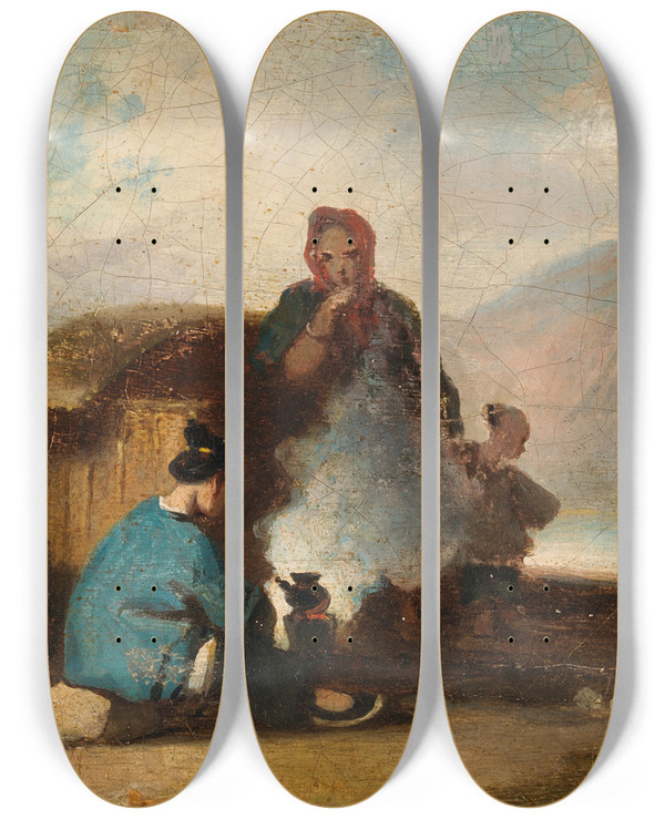 Triptych art skateboard deck of George Chinnery Chinese Scene Women Making Tea by George Chinnery (1774-1852)