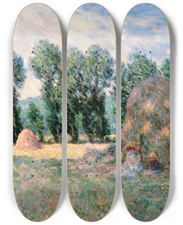 Triptych art skateboard deck of Claude Monet Haystacks by Claude Monet (1840-1926)