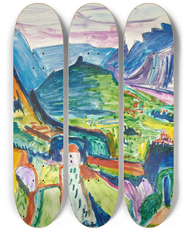 Triptych art skateboard deck of Hermann Scherer Tessiner Landschaft Bei Chiasso by Hermann Scherer (1893-1927)