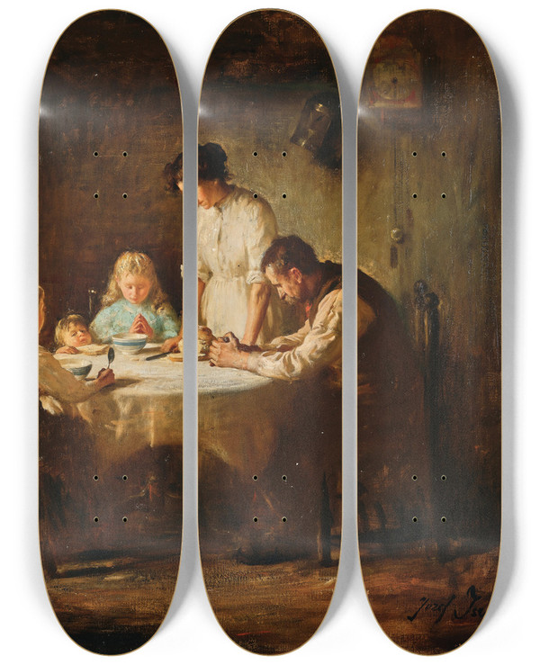 Triptych art skateboard deck of Jozef Israls Blessing The Table by Jozef Israels (1824-1911)