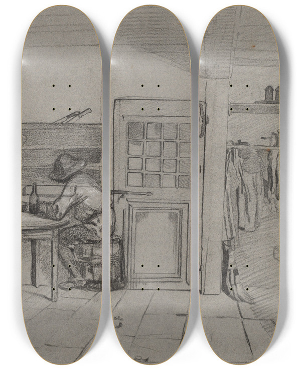 Triptych art skateboard deck of Alexandregabriel Decamps A Farmhouse Interior With A Boy At A Table by Alexandre-Gabriel Decamps (1803-1860)