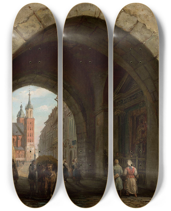 Triptych art skateboard deck of Marcin Zaleski St Florians Gate In Krakw by Marcin Zaleski (1796-1877)