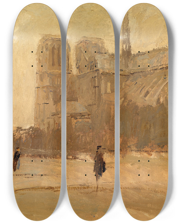 Triptych art skateboard deck of Frank Edwin Scott Notre Dame No I by Frank Edwin Scott (1863-1929)