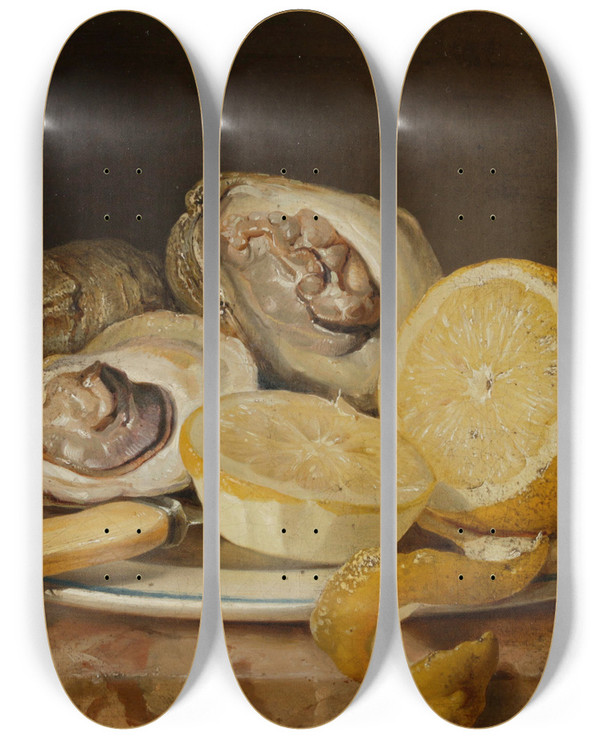 Triptych art skateboard deck of Josef Lauer Stillleben Mit Austern Und Zitrone by Josef Lauer (1818-1881)