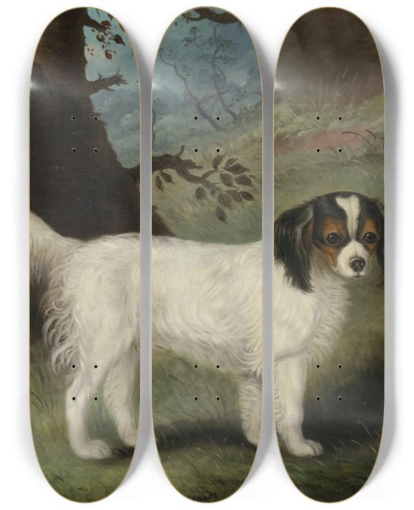 Triptych art skateboard deck of Samuel Spode King Charles Spaniel by Samuel Spode